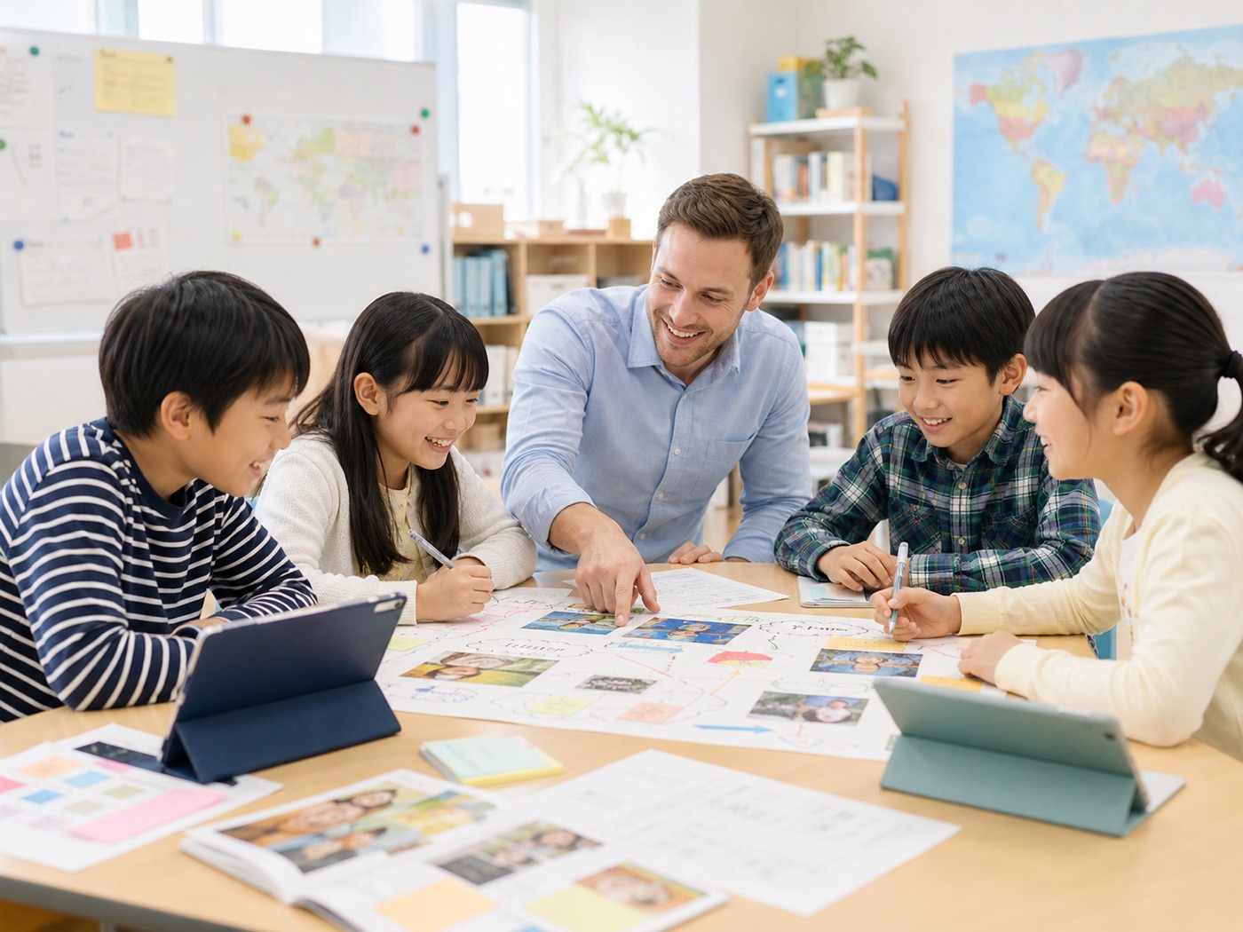American teacher guiding children through English project work